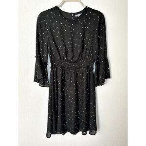 H&M Green Polka Dot Midi Dress – Size 8 – Crew Neck Long Sleeve Chiffon Lined